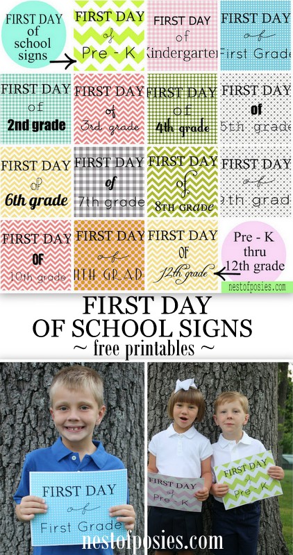 First Day of School Signs PreK - 12th.  Free printables via Nest of Posies - perfect for the "First Day of School" picture!