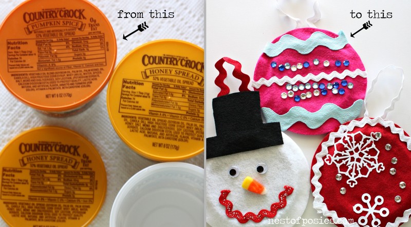 Make Christmas Ornaments with kids using Recycled Butter Lids