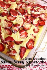 Easiest Strawberry Shortcake - EVER! Made with a cake mix but wait until you hear the topping! Out of this world! via Nest of Posies