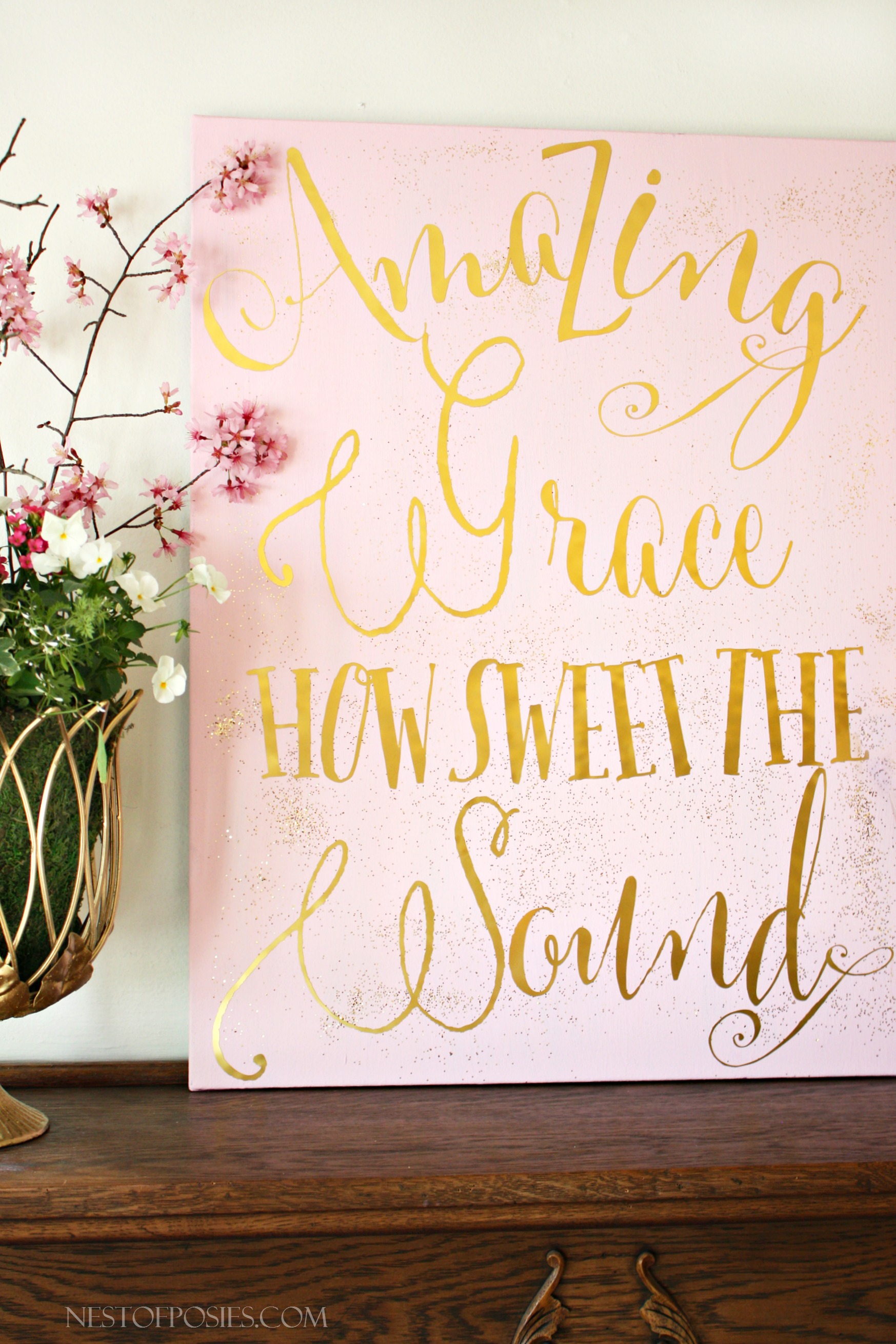 Amazing Grace Spring Mantel with DIY Gold Foil Canvas