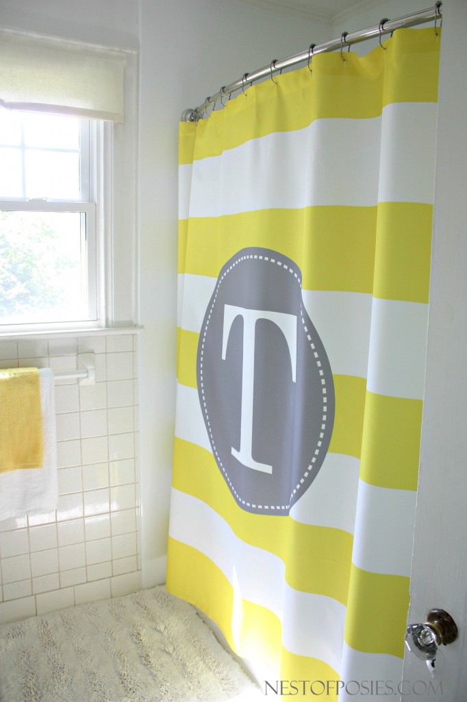 Yellow and White Stripe Shower Curtain with monogram