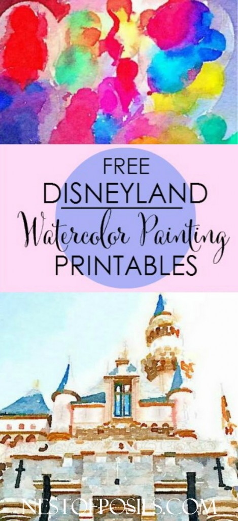Free Disneyland Watercolor Painting Printables.  Mickey Mouse Balloons + Sleeping Beauty's Castle