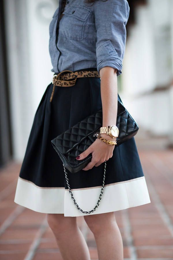 Denim Shirt with black skirt with leopard belt.  Great dressy casual look for Fall
