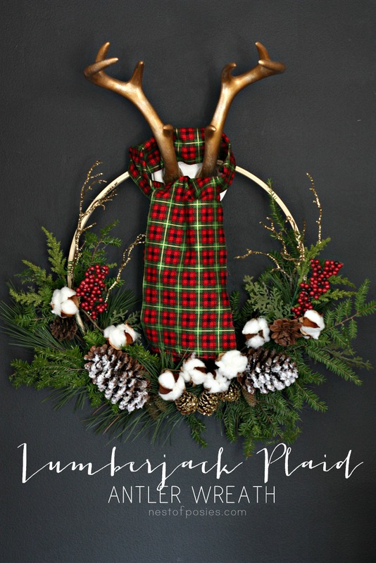 Lumberjack Plaid Antler Wreath. A full tutorial using an embroidery hoop, back yard trimmings, and a fabric remnant