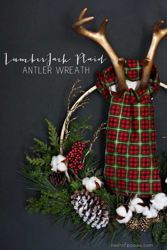 Lumberjack Plaid Antler Wreath. Made with a 4 dollar embroidery hoop and back yard trimmings