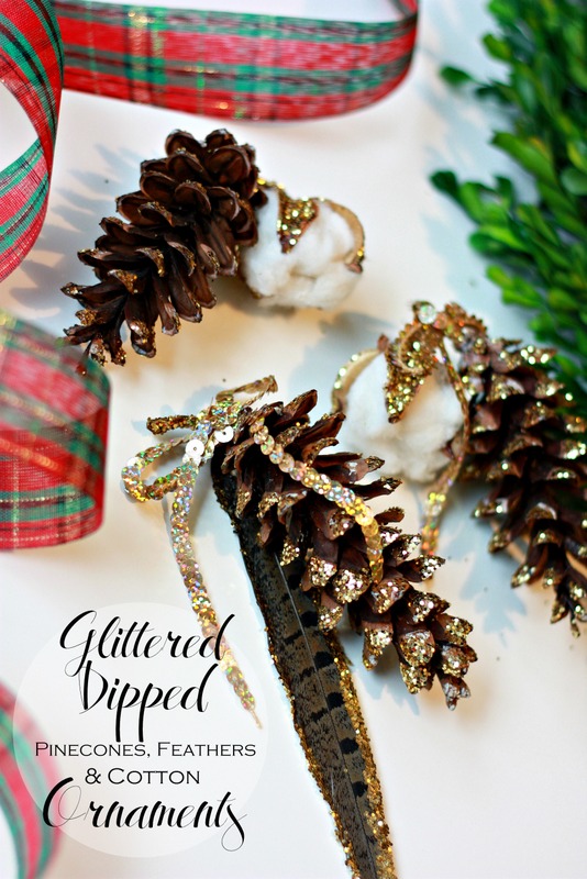 Glittered Dipped Pinecones, Feathers and Cotton Ornaments.  So easy and basically free!