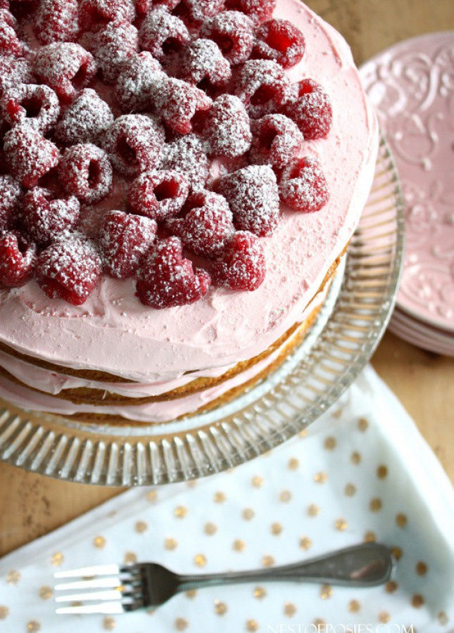 What-I-like-to-call-a-Bikini-Cake-Frosting-on-the-top-and-in-the-layers.-Lemon-Raspberry-Cake