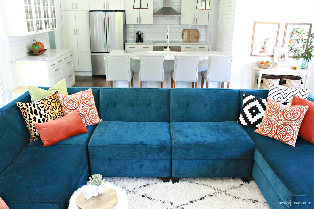 Open Floor Plan Kitchen and Family Room with Pops of Color