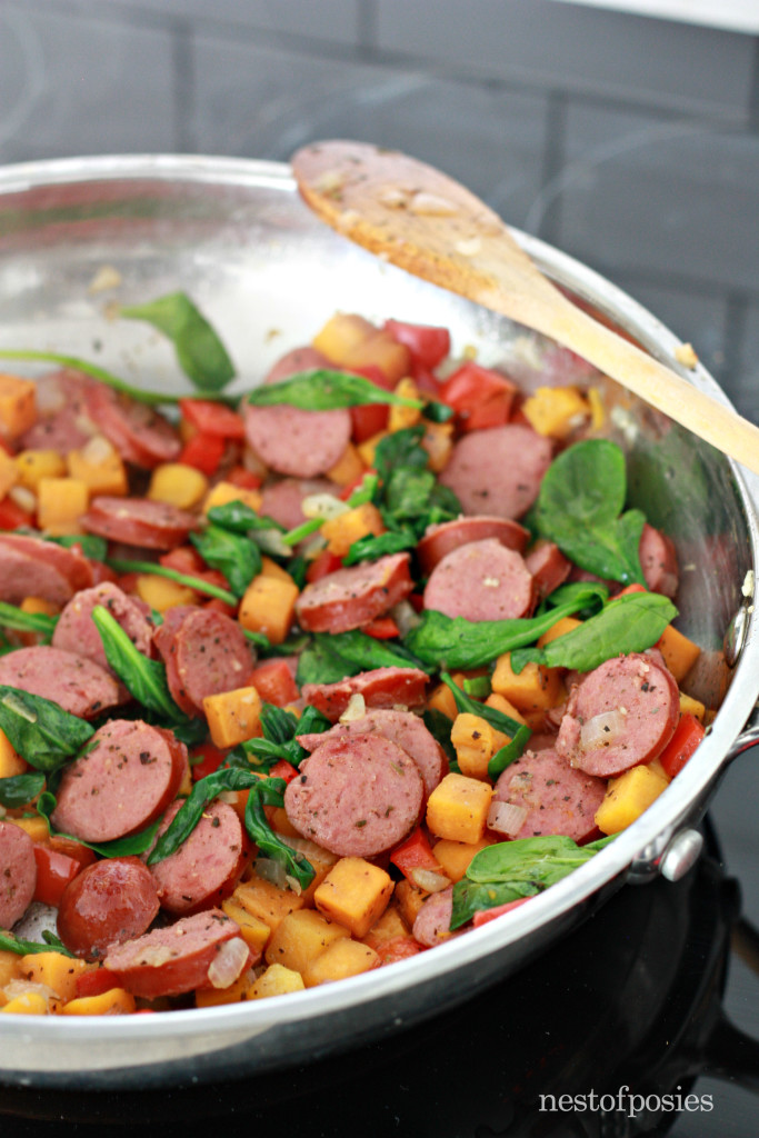 One Pan Harvest Pasta. Simmer all your veggies along with your Smoked Sausage then add your liquid, cheese and pasta.