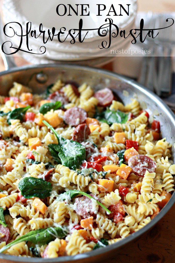 One Pan Harvest Pasta. The convenience of a one pan meal, with veggies for your family but loaded with pasta and cheese!