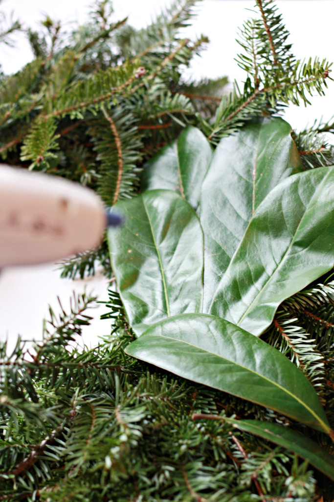 How to make a Magnolia and Citrus Wreath. Use hot glue along the back of the Magnolia Leaves so they will stay in place on your wreath form.