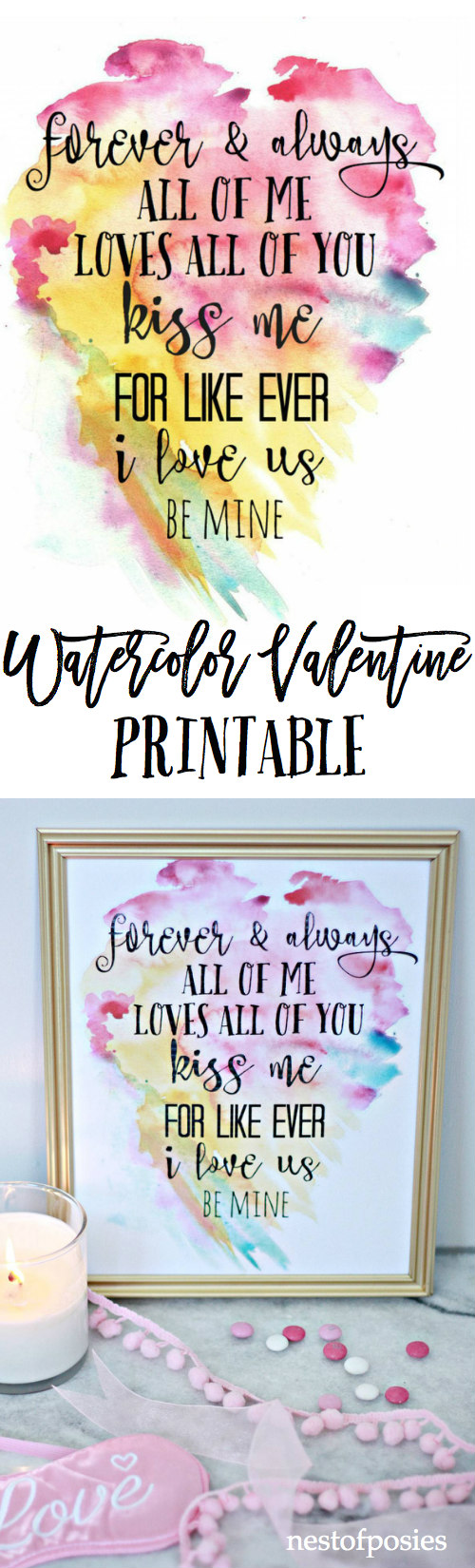 Watercolor Valentine Printable. Perfect for home decor or to use as a card