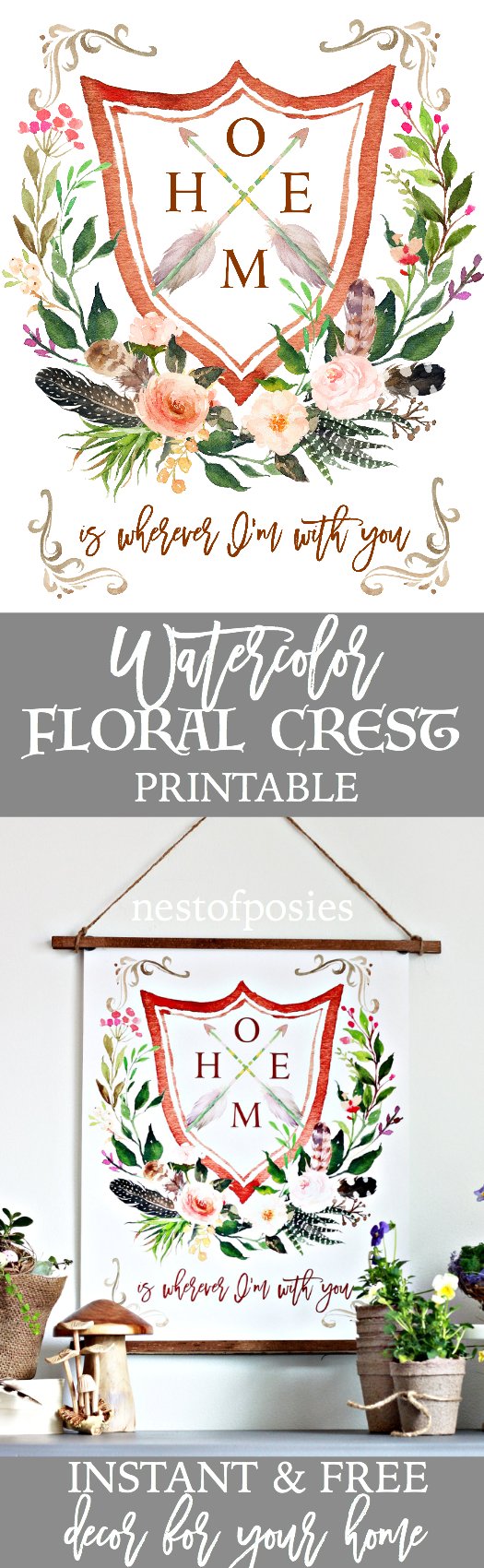 Watercolor Floral Crest Printable. Instant and free decor for your home