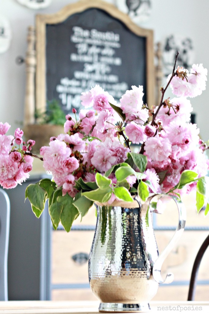 Dining Room Reveal and Peach Tree Blossoms in a pitcher