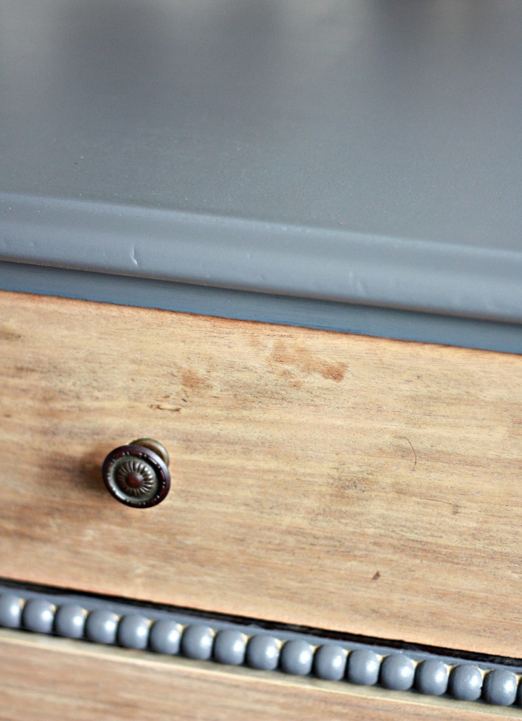 Thrifted Dresser Gray Painted Base and Drawers are sanded raw wood