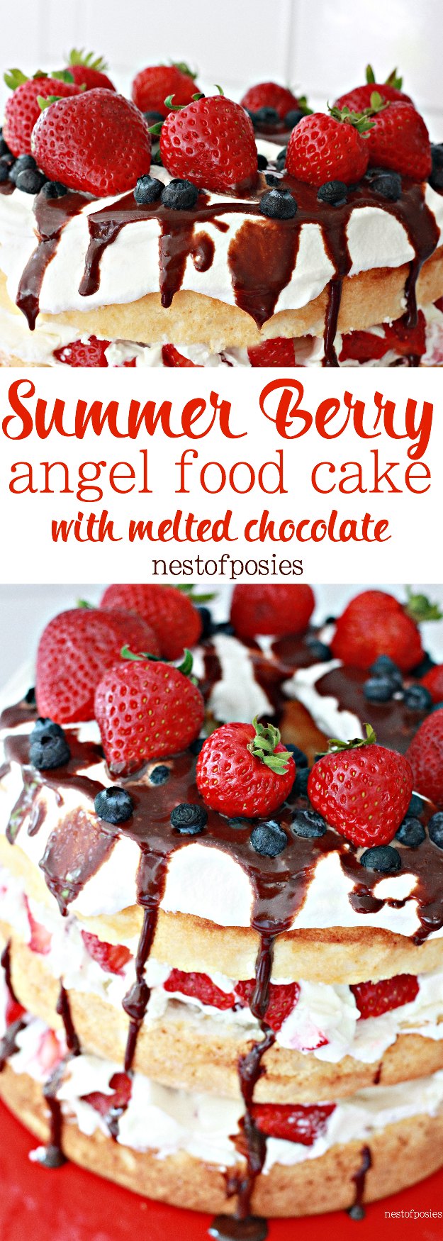 Summer Berry Angel Food Cake with Melted Chocolate drizzled on top