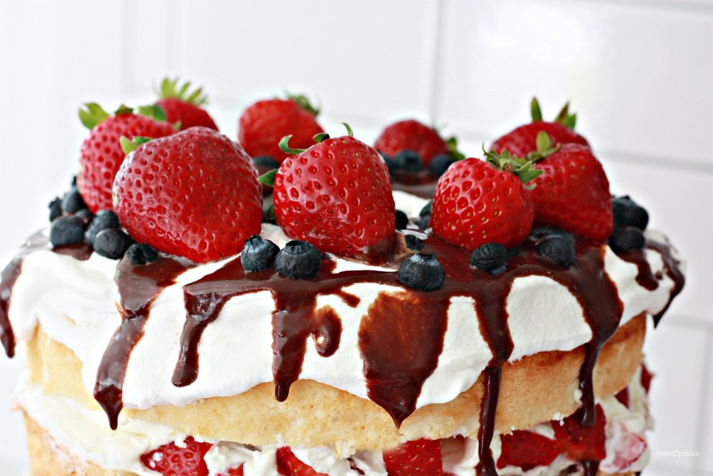 Summer Berry Angel Food Cake with melted chocolate