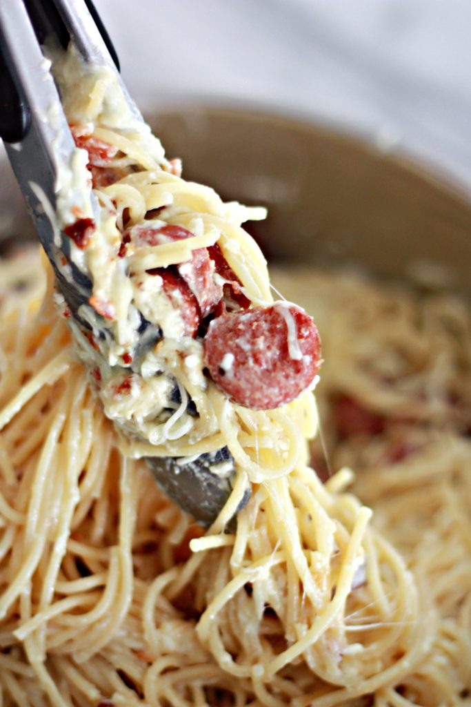 Cheesy Garlic Sausage and Bacon Carbonara