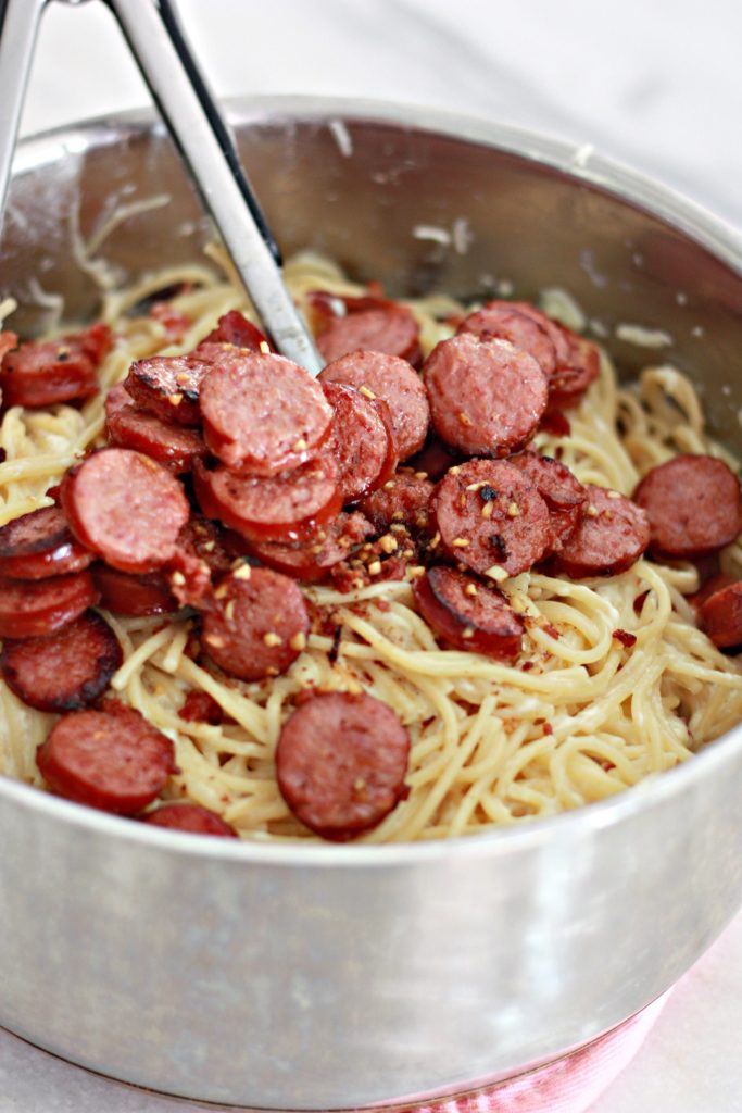 Cheesy Garlic Sausage and Bacon Carbonara