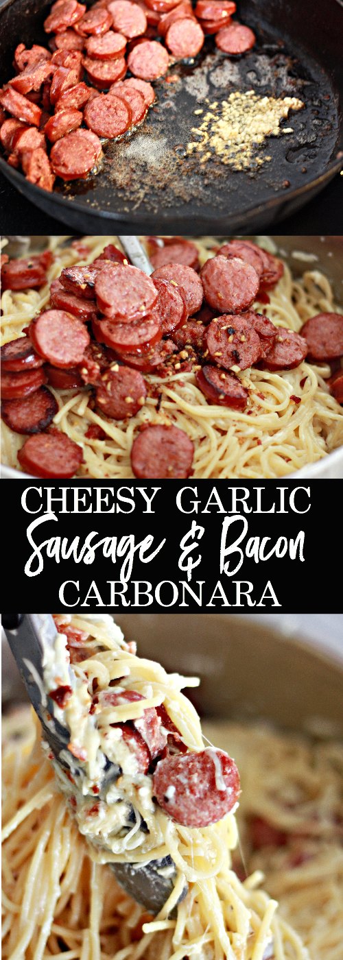 Cheesy Garlic Sausage and Bacon Carbonara