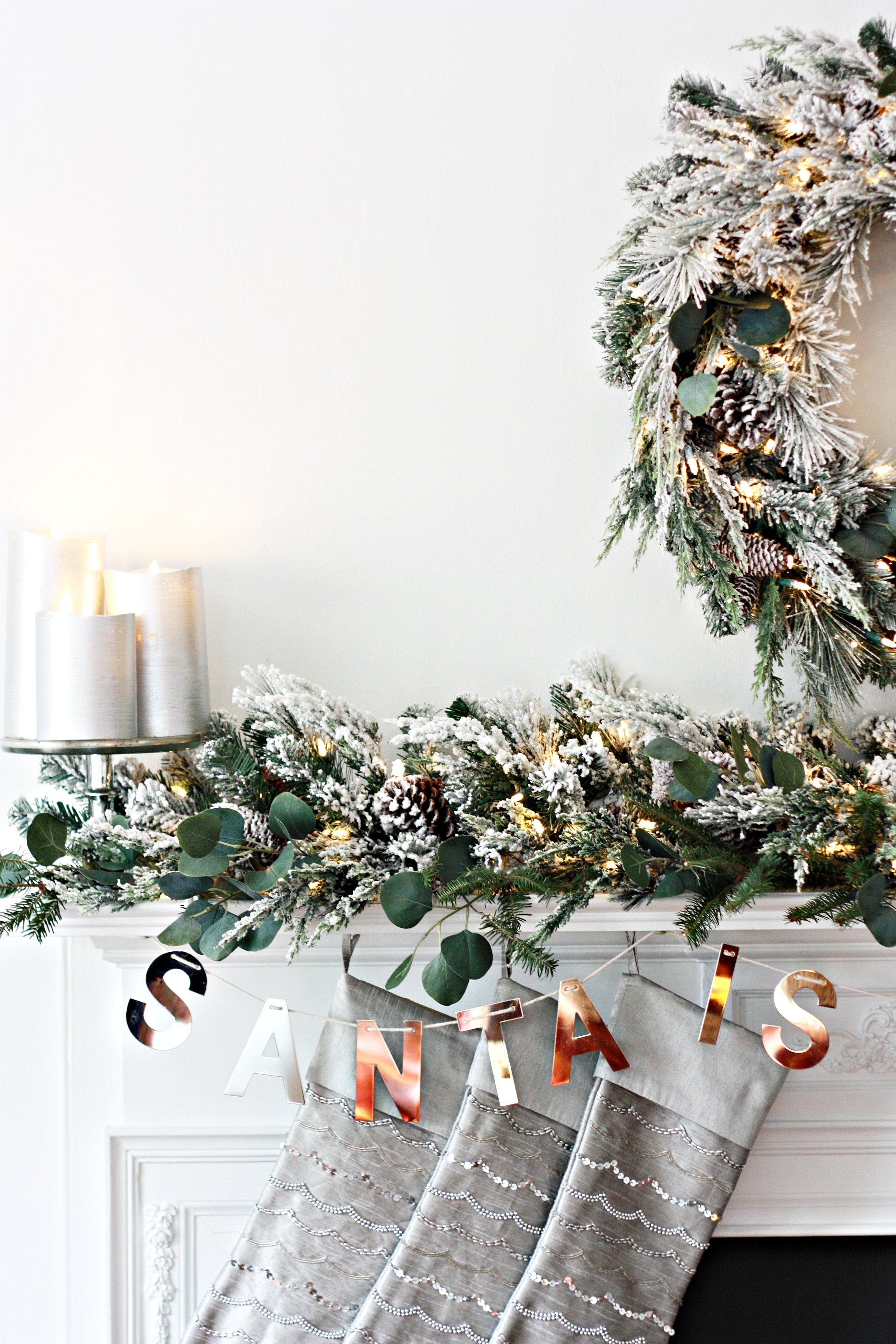 Frosted Evergreen Christmas Mantel