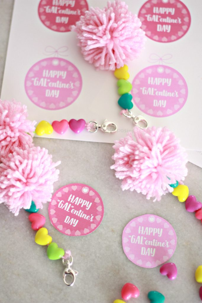 GALentine Pom Pom Key Chains and Printable Tags