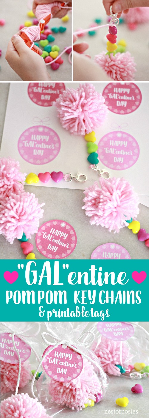 GALentine Pom Pom Key Chains and Printable Tags