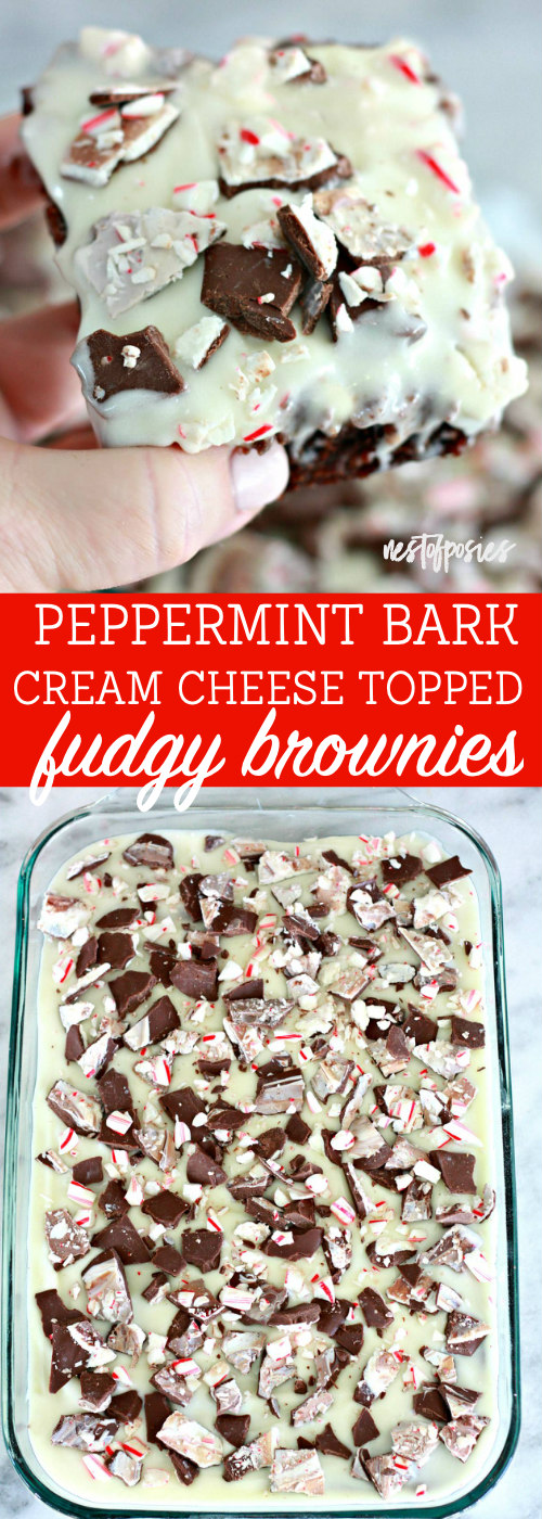 Peppermint Bark Cream Cheese Topped Fudgy Brownies